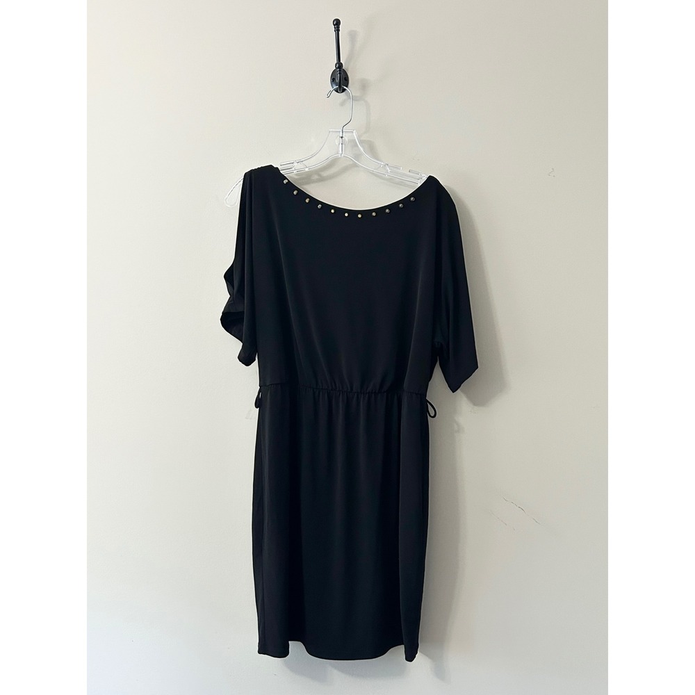 A. Byer Black Studded Cold Shoulder Elastic Waist Keyhole Back Dress Women Small